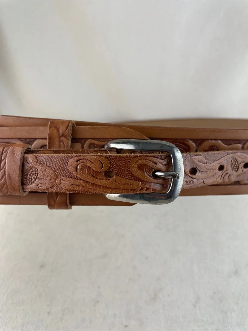 Tooled Leather Floral Belt in Cognac Brown